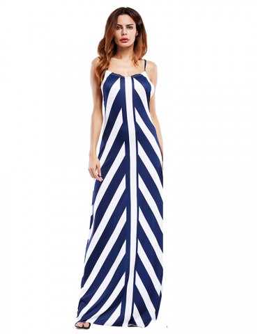 Sexy Stripe Backless Cross Strap V-neck Women Maxi Dresses