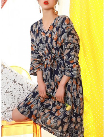 Boho Natural Print 3/4 Sleeve V Neck Dress