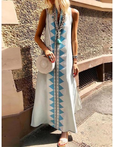 Ethnic Print Low Cut Sleeveless V Neck Dress