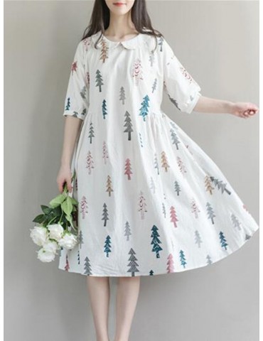 Printed Women Turn-down Collar Half Sleeve Dresses