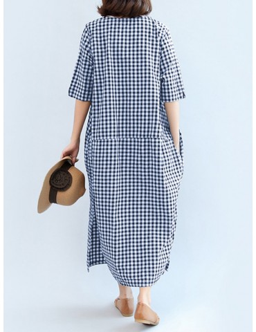 Plaid Print Side Splited Loose Half Sleeve Vintage Dresses