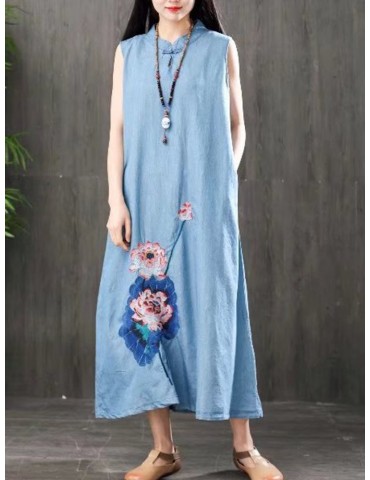 Vintage Embroidered Sleeveless Stand Collar Denim Maxi Dresses