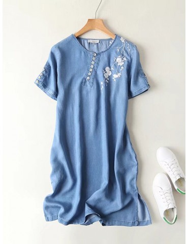 Denim Embroidery Short Sleeve Button Casual Dresses