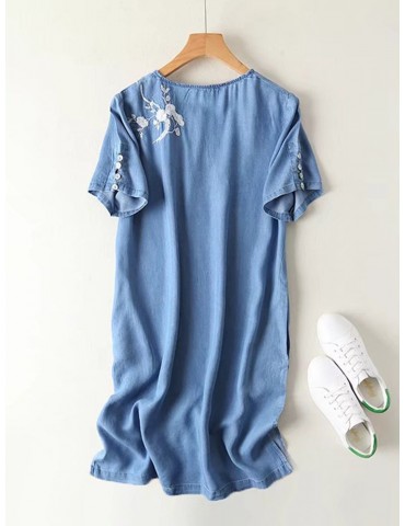 Denim Embroidery Short Sleeve Button Casual Dresses