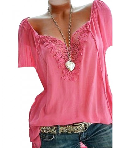 Lace Crochet Short Sleeve Pure Color V-neck Shirts