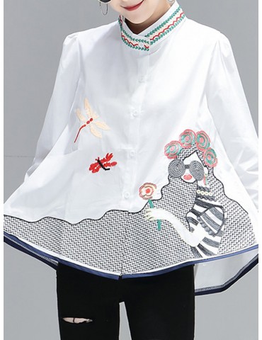 Embroidered Stand Collar Long Sleeve A-line Shirt