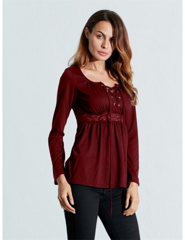 Women V-Neck Lace-up Floral Peplum Long Sleeve Shirts