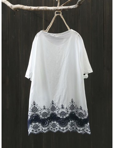 Print Embroidery Pleated Collar Raglan Short Sleeve Blouse