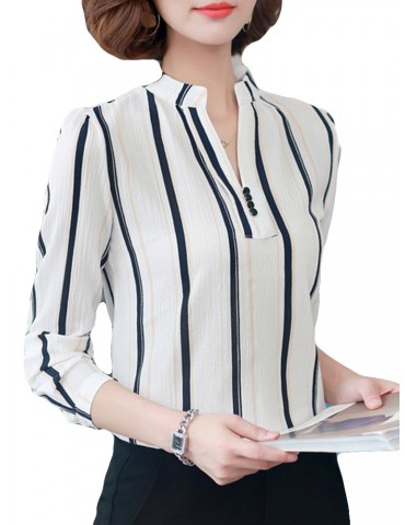 Chiffon Striped V-neck Long Sleeve Shirt