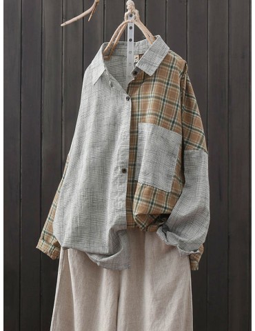 Patchwork Plaid Long Sleeve Turn-down Collar Pocket Shirt