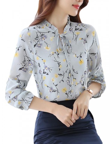 Bandage Floral Print 3/4 Sleeve Stand Collar Elegant Blouses