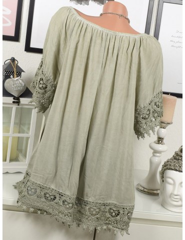 Women Solid Color Lace Patchwork Short Sleeve Casual Blouse