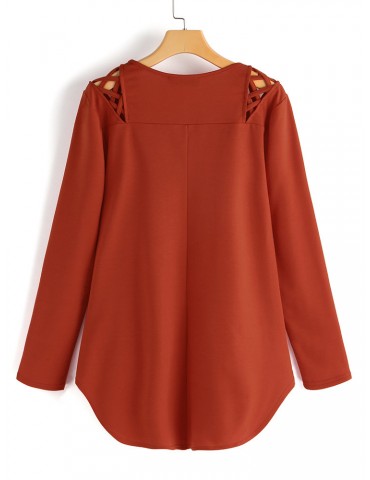 Asymmetrical Hem Cross Shoulder Long Sleeve Blouse