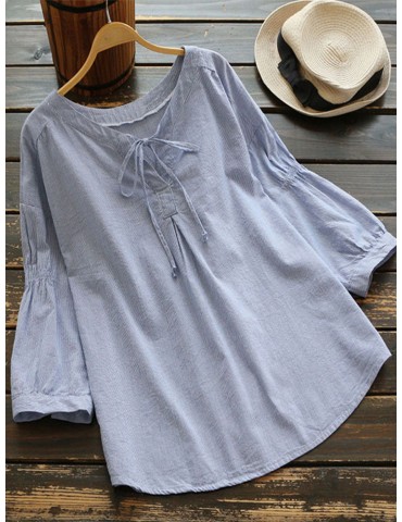 Drawstring Long Lantern Sleeve Sleeve V Neck Shirt