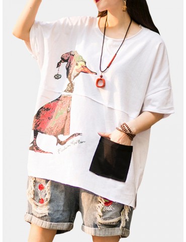 Casual Print Cartoon Patch Half Sleeve T-Shirt For Women