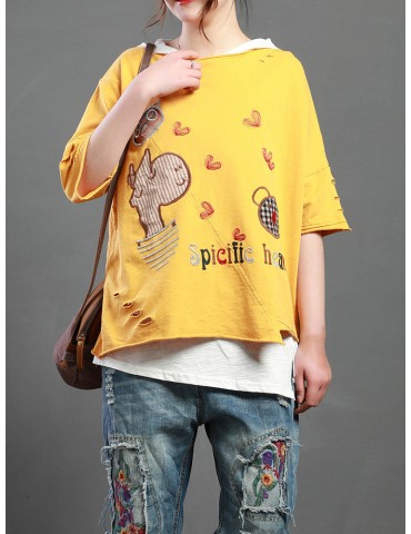 Cartoon Embroidery Print Short Sleeve Casual T-Shirt