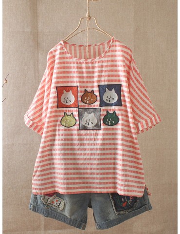 Summer Embroidery Cat Striped Short Sleeve T-Shirt