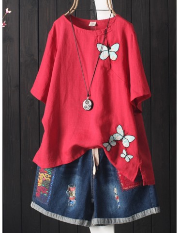 Vintage Butterfly Embroidery Button Overhead T-Shirt