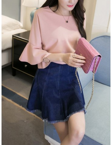 Solid Color O-neck Bell Sleeve T-shirts