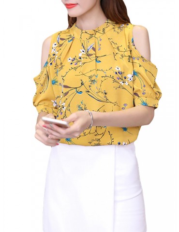 Floral Printed Off-shoulder Stand Collar T-shirts