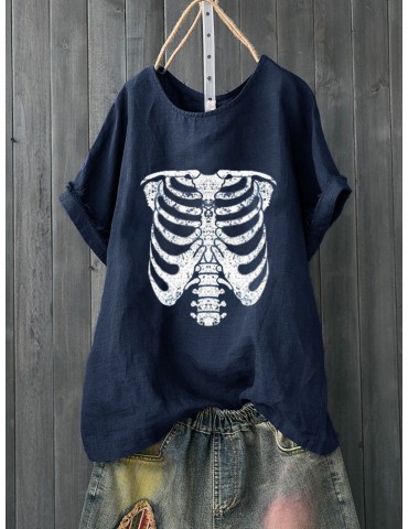 Bone Print Short Sleeve Crew Neck T-shirt For Women