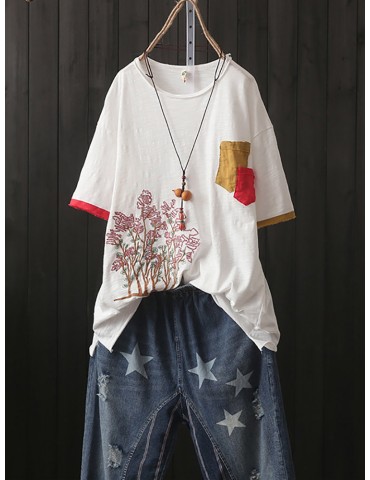 Pocket Loose Embroidery Short Sleeve Crew Neck T-Shirt