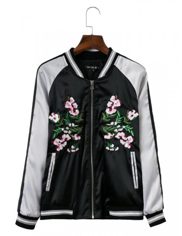 Women Casual Embroidery Mix Color Long Sleeve Baseball Coat