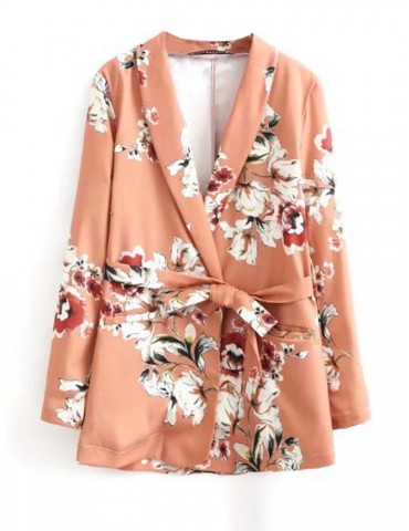 Vintage Floral Print Tie Waist Lapel Long Sleeve Women Jackets