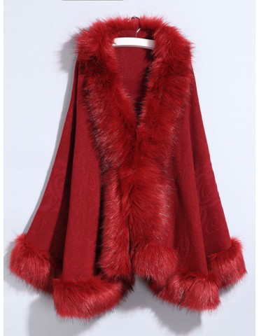 Women Faux Fur Collar Knitted Shawl Cloak Coats