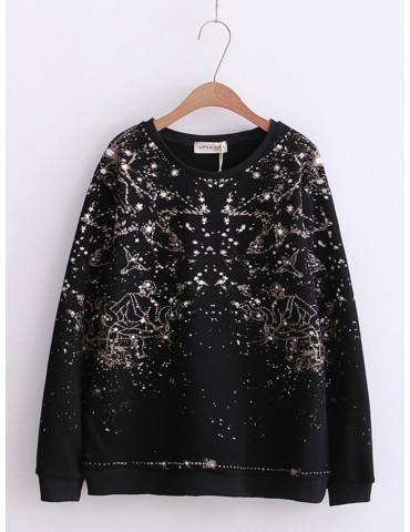 Starry Sky Birds Print Long Sleeve Black Pullover Sweatshirt