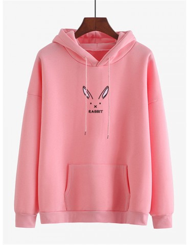 Print Rabbit Loose Pocket Hooded Sweatshirt