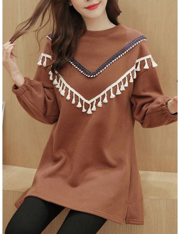 Women Ethnic O-neck Loose Long Sleeve Sweatshirt With Tassels