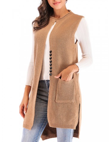 Knit Solid Color Pockets Sleeveless Cardigan