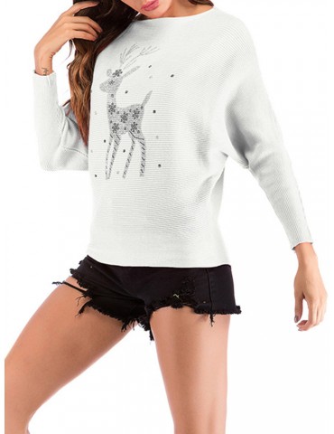 Rhinestones Sika Deer Loose Crew Neck Sweater