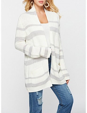 Knit Striped Thin Loose Mid Length White Cardigan