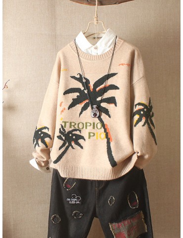 Tree Letter Print Long Sleeve Casual Women Knitted Sweater