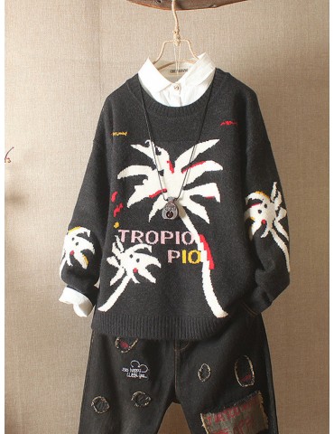 Tree Letter Print Long Sleeve Casual Women Knitted Sweater