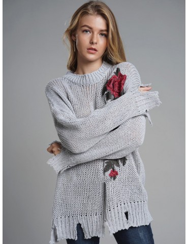 Embroidery Floral Loose Ripper Hem Sweater