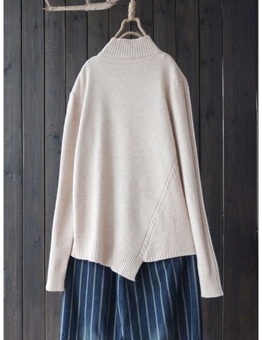 Irregular Solid Color Turtleneck Long Sleeve Women Sweater