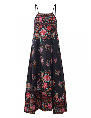 Sexy Flower Printed Strap Sleeveless Backless Maxi Dress For Women