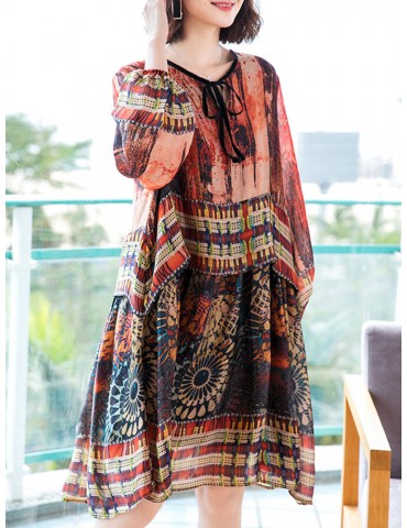 Vintage Print Lantern Long Sleeve Dress