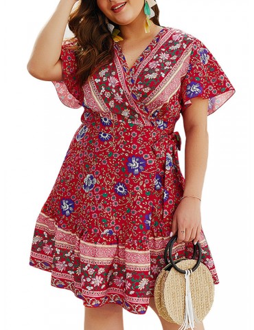 Bohemian Floral Print Ruffle V-neck Plus Size Summer Dress