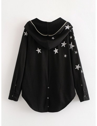 Star Print Hooded Irregular Zipper Coat