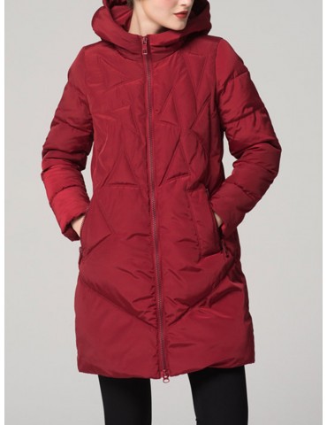 Solid Color Hooded Zipper Down Coat