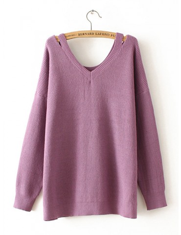 Solid Color V-Neck Cold Shoulder Long Sleeve Sweater