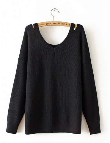 Solid Color V-Neck Cold Shoulder Long Sleeve Sweater