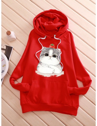 Casual Cat Printed Hooded Long Sleeve Hoodies