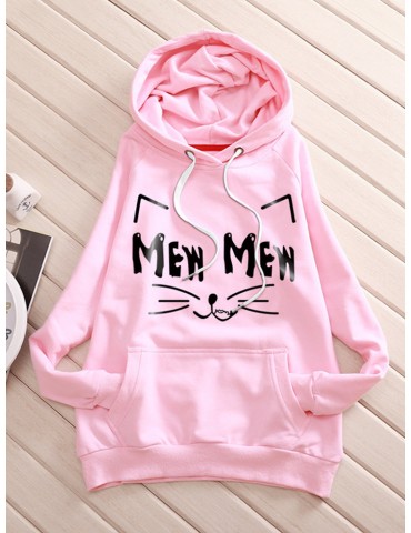 Women Cat Printed Hooded Long Sleeve Hoodies