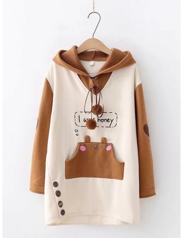 Cute Cartoon Print Drawstring Pocket Hoodie for Women