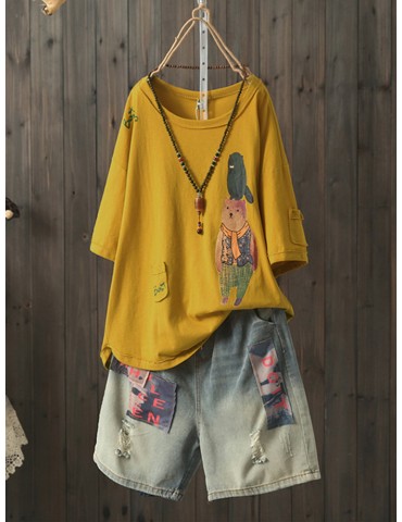 Casual Cartoon Print Patch Short Sleeve Plus Size T-Shirt